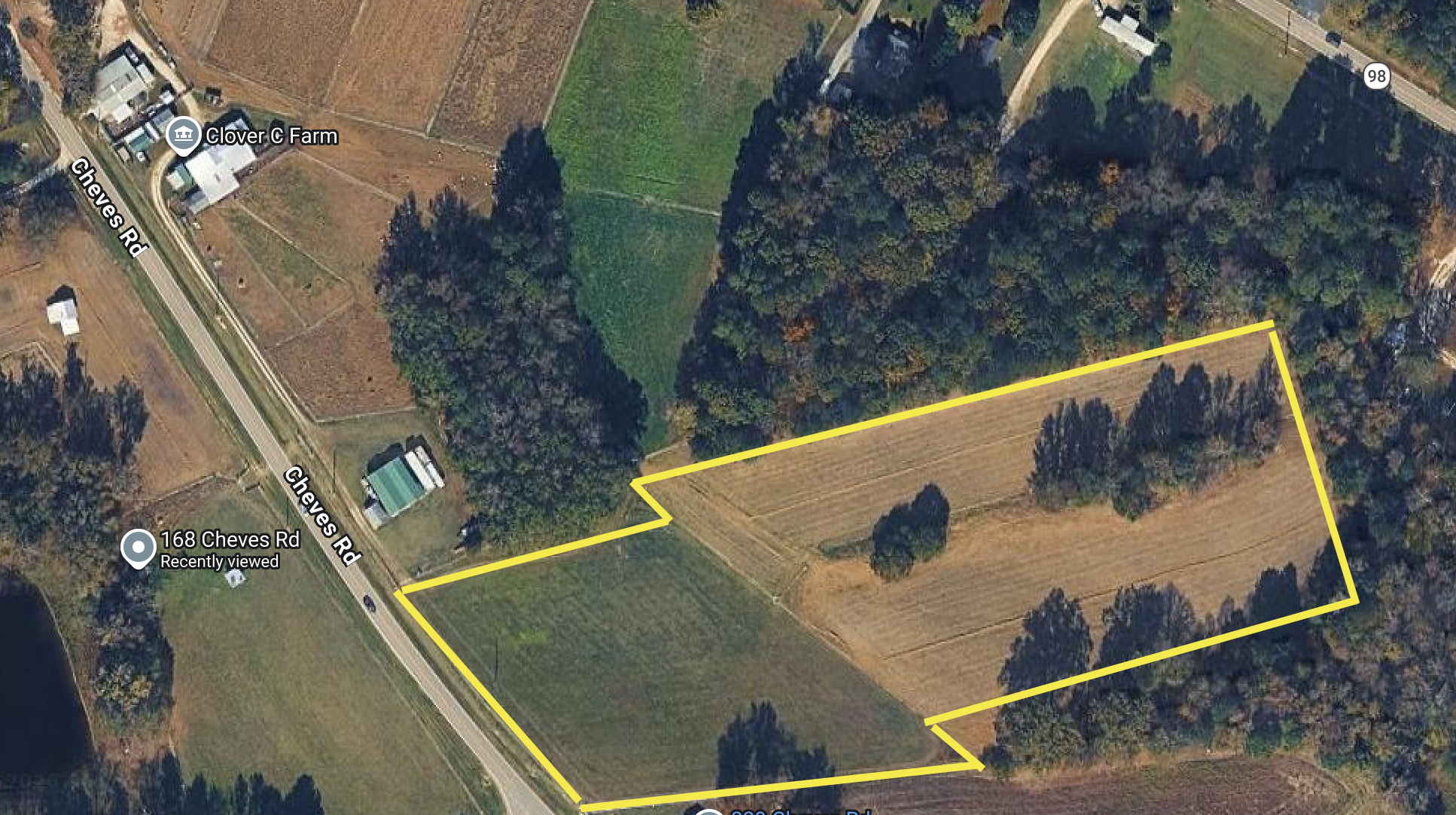 Aerial view of Clover C Farm with the drone's fence-line patrol route highlighted in yellow.